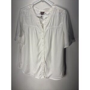 VTG Chico’s  2  Large White Tencel Cutaway Neck Top Blouse Flared Short Sleeves